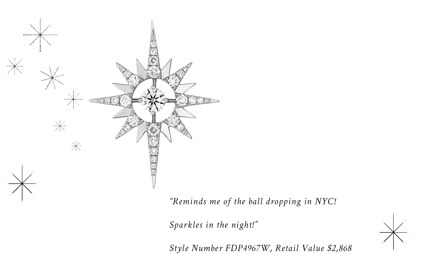 "Reminds me of the ball dropping in NYC! Sparkles in the night!" Style Number FDP4967W, Retail Value $2,868