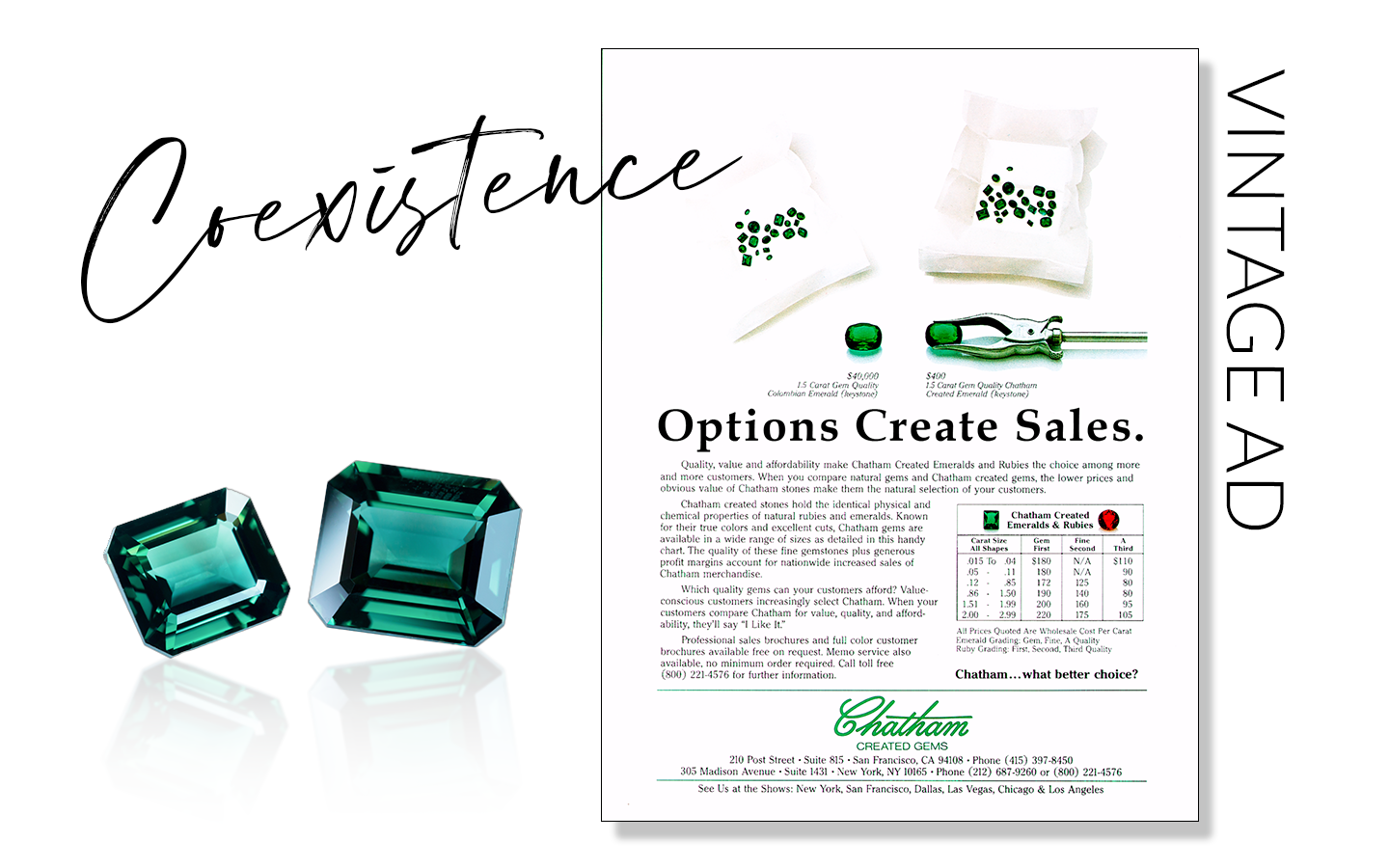 "Coexistence". Vintage Chatham ad comparing earth mined and lab grown gemstones with the title "Options Create Sales."