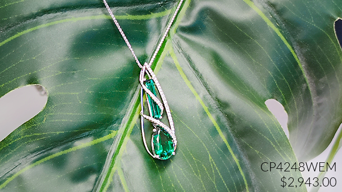 14K white gold Chatham lab-grown emerald pendant with lab-grown diamonds