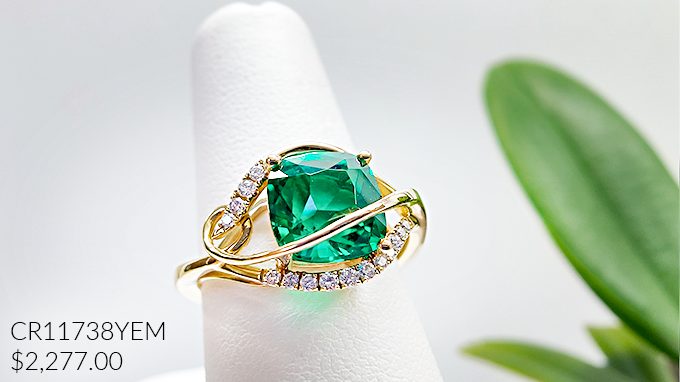 14K yellow gold Chatham lab-grown emerald ring with lab-grown diamonds