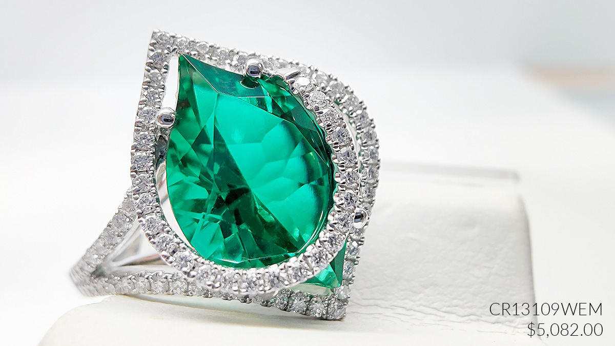 Chatham lab-grown emerald ring with 14K white gold and lab-grown diamonds - CR13109WEM, $5,082.00