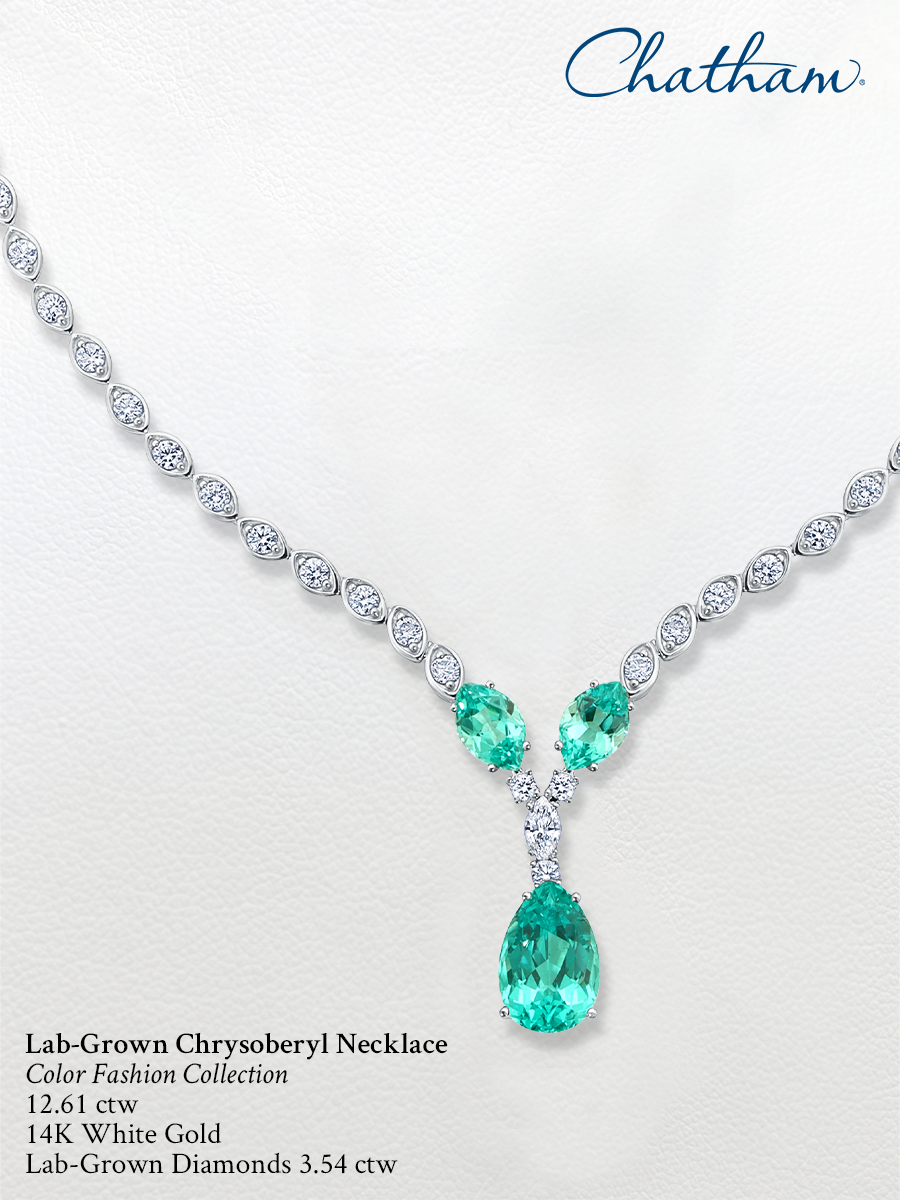 Chatham Lab Grown Chrysoberyl Necklace from the Color Fashion Collection 12.61 ctw, 14K white gold, lab-grown diamonds 3.54 ctw