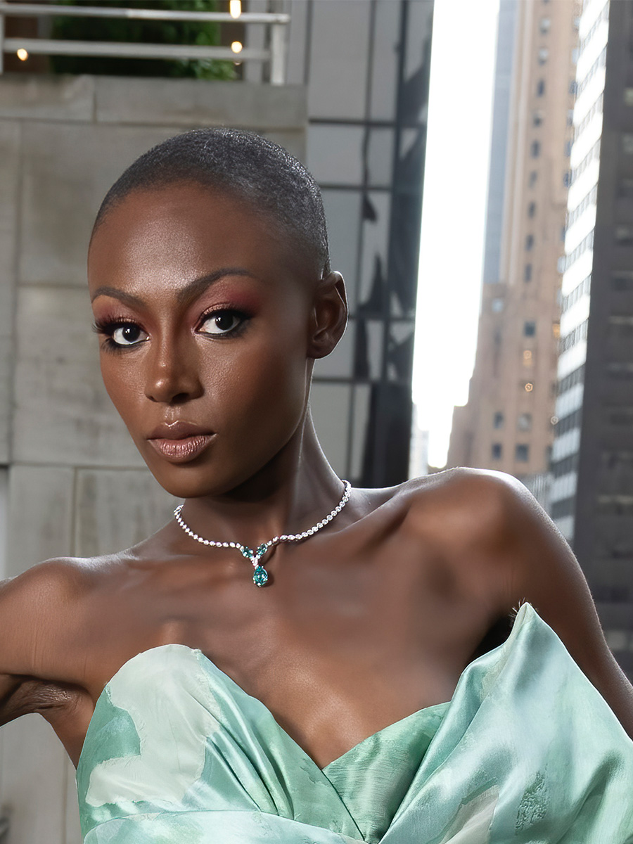 NYFW model wearing Chatham Lab-Grown Chrysoberyl Necklace