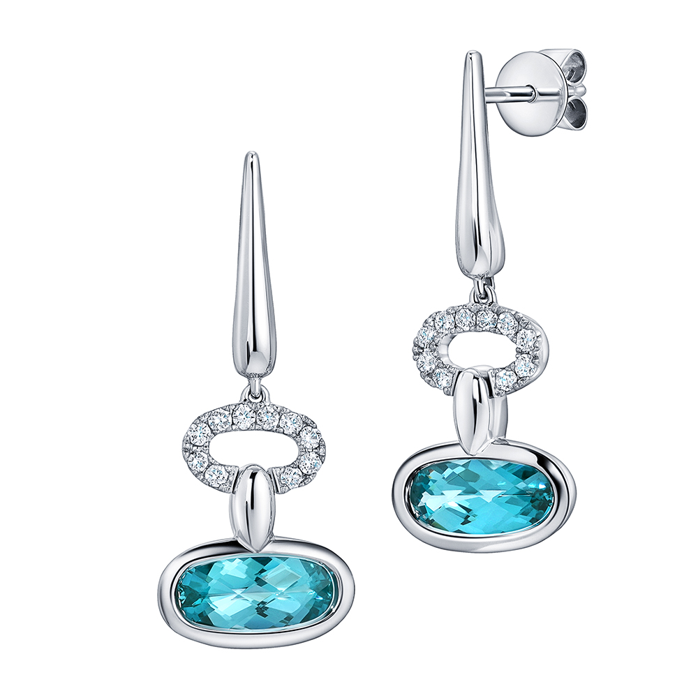 Oval Chatham lab grown Paraíba Colored Spinel set in 14K white gold earrings with Chatham lab grown diamond accent stones