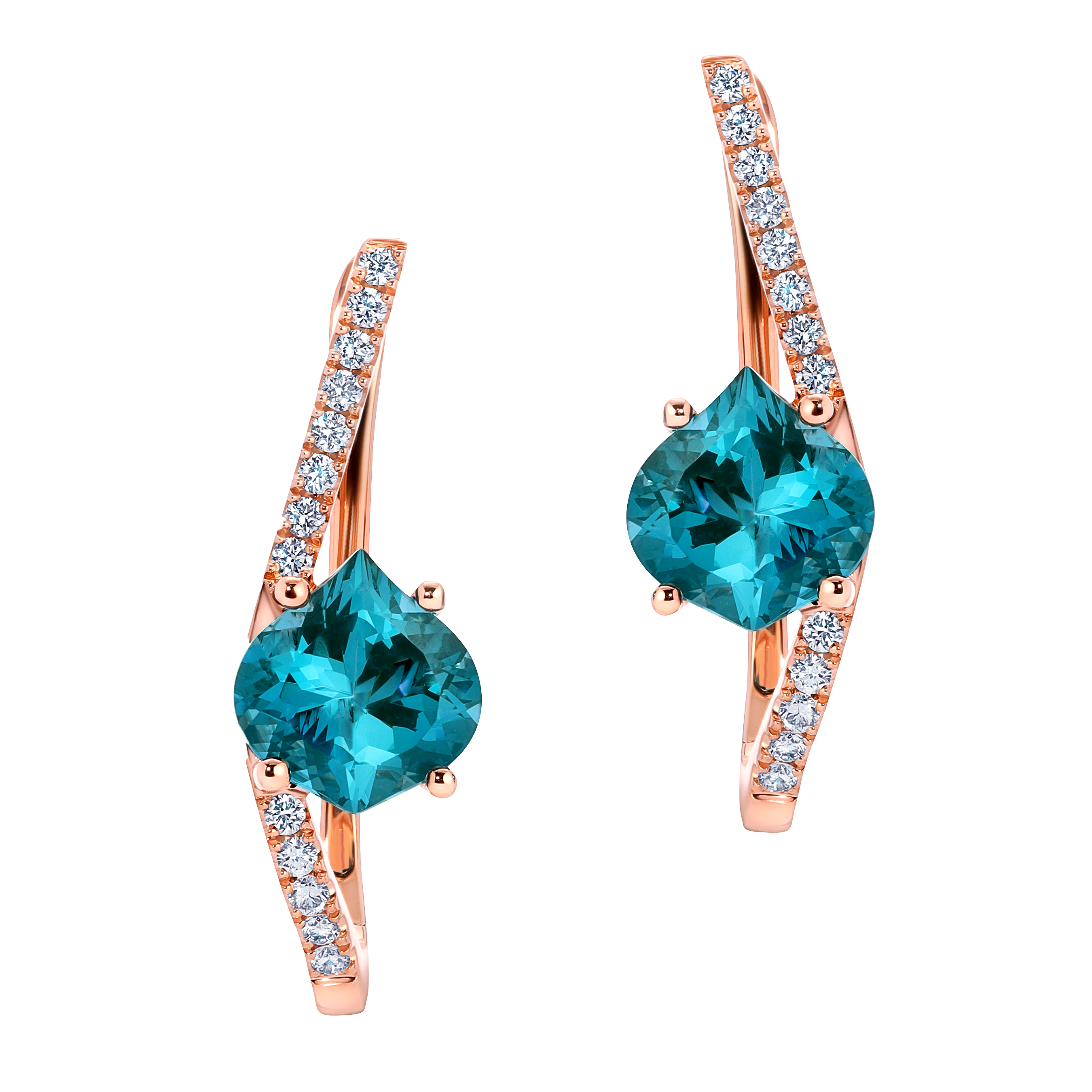 Chatham lab grown Paraíba-Colored Spinel earrings set in 14K rose gold with Chatham lab grown diamond accent stones