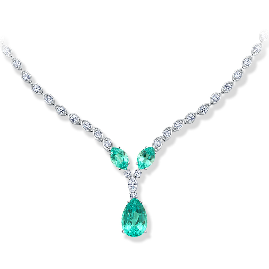 14K white gold Chatham lab grown diamond necklace featuring Chatham lab grown Chrysoberyl 