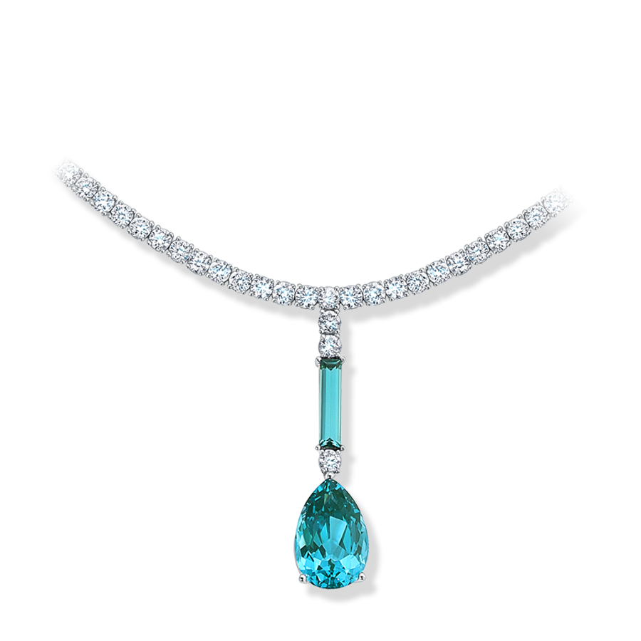 14K white gold Chatham lab grown diamond necklace featuring pear and elongated baguette cut Chatham lab grown Paraíba-Colored Spinel center stones