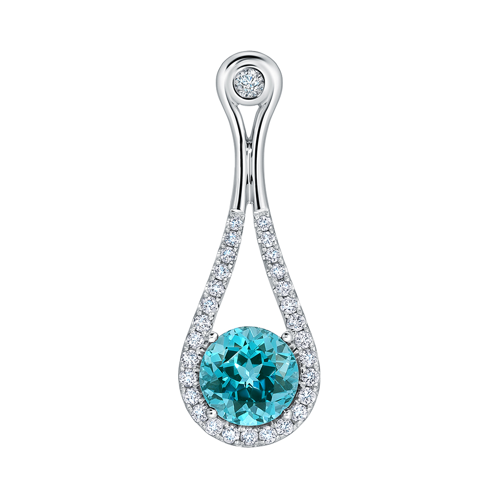 Round Chatham lab grown Paraíba Colored Spinel set in 14K white gold pendant with Chatham lab grown diamond accent stones