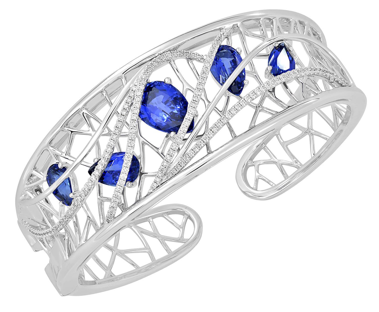 14K white gold cuff with pear cut Chatham lab grown blue sapphires and lab grown diamond accents from the Millennium Collection