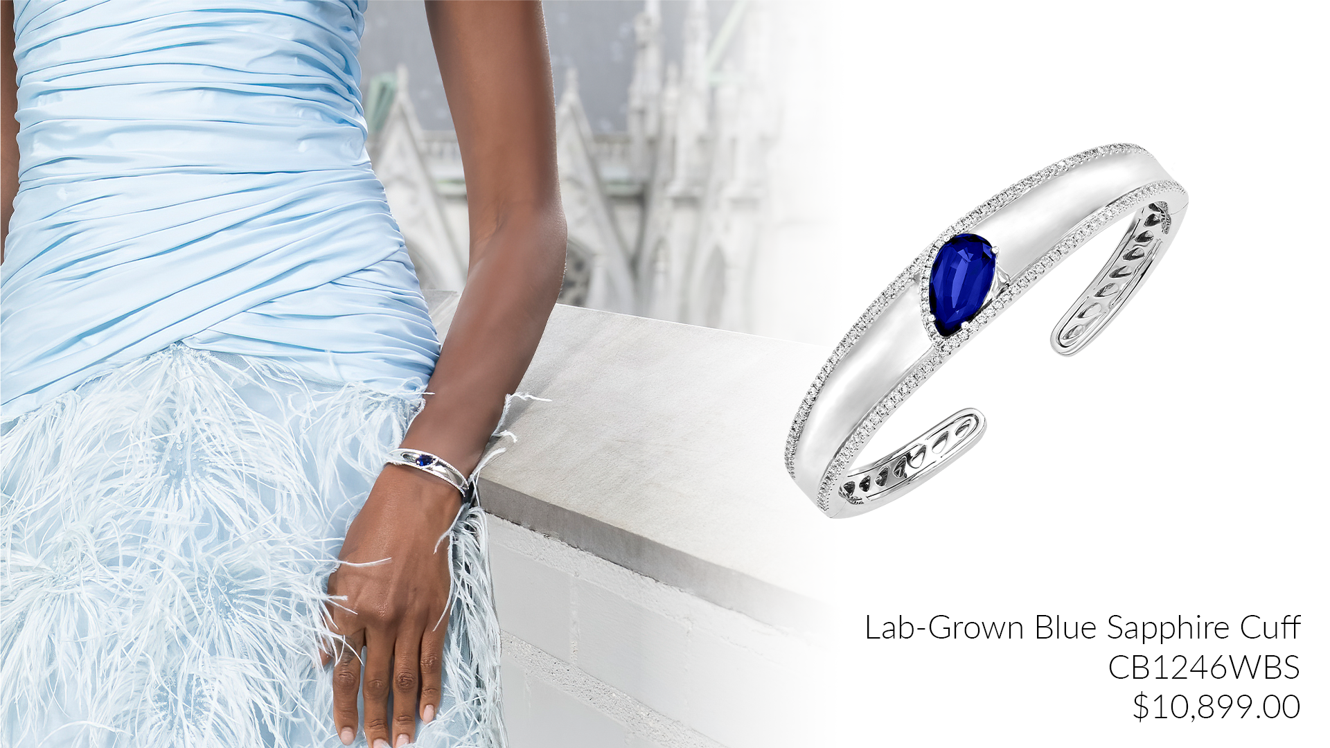 Lab-Grown Blue Sapphire Cuff in 14K white gold modeled at NYFW