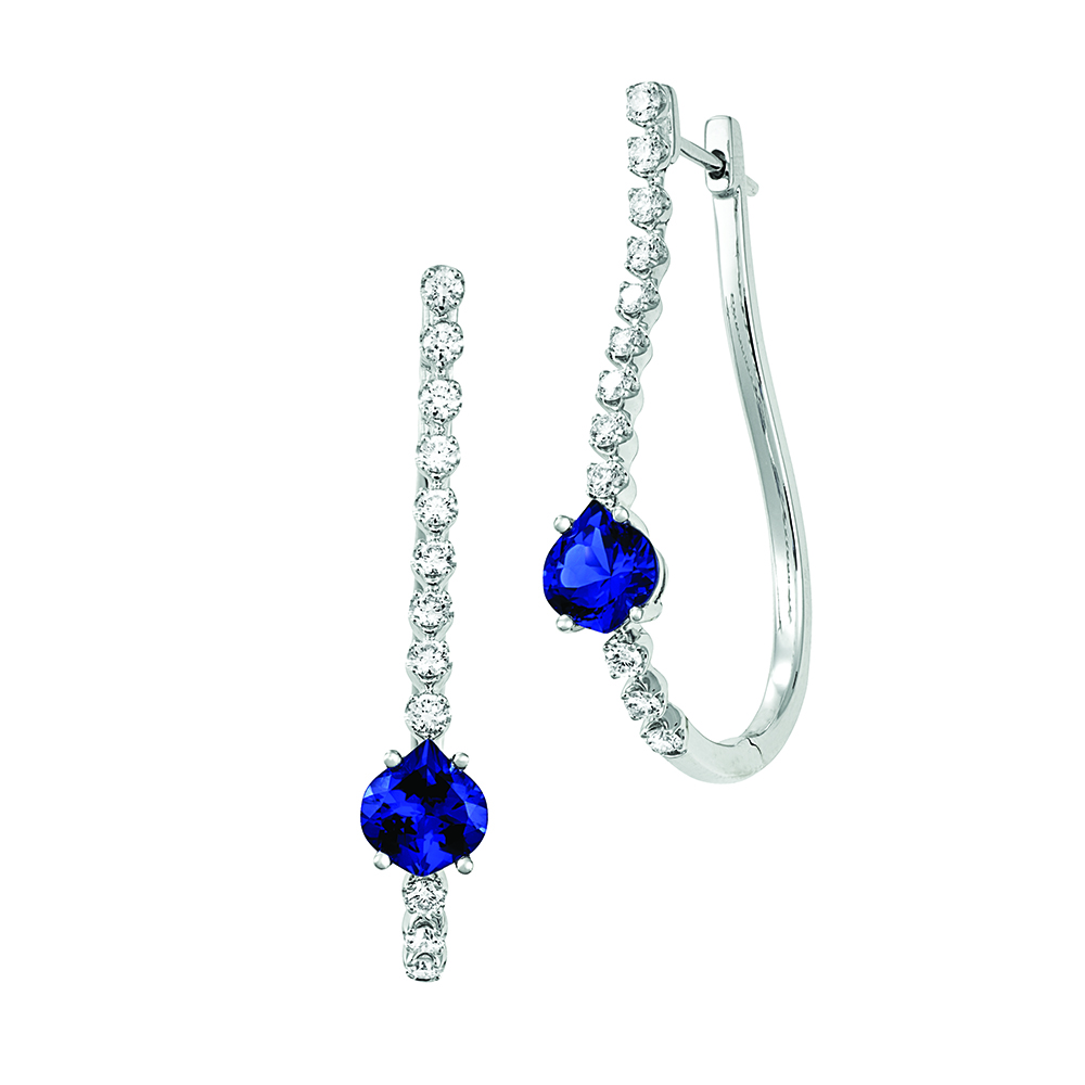 Onion Cut Chatham Lab Grown Blue Sapphire Hoop Earrings with Lab Grown Diamond Accents set in 14K White Gold 