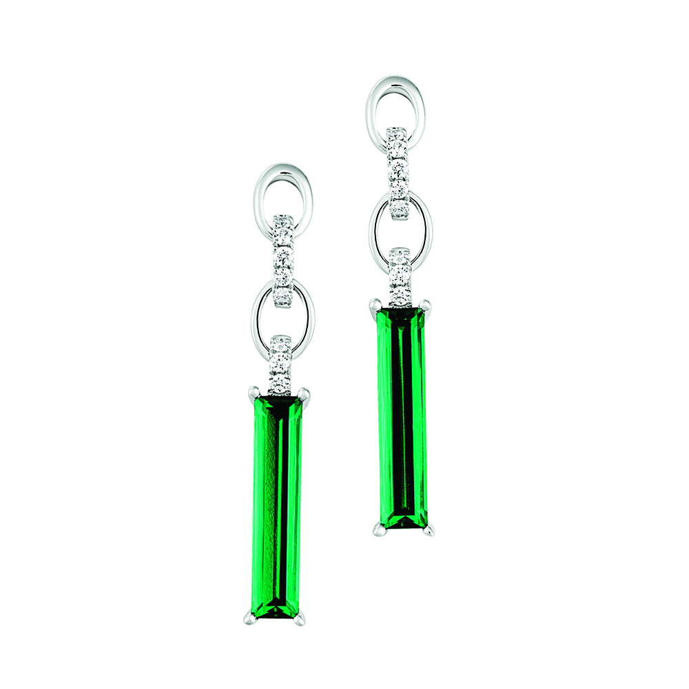 Elongated baguette Chatham lab grown emerald earrings with lab grown diamond accents set in 14K white gold