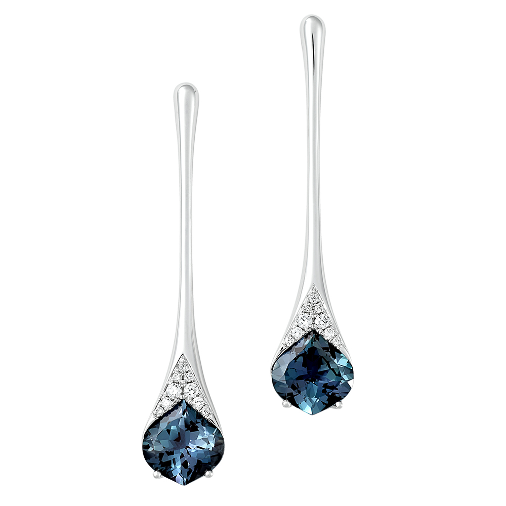 Onion cut lab grown alexandrite earrings set in 14K white gold with lab grown diamond accents