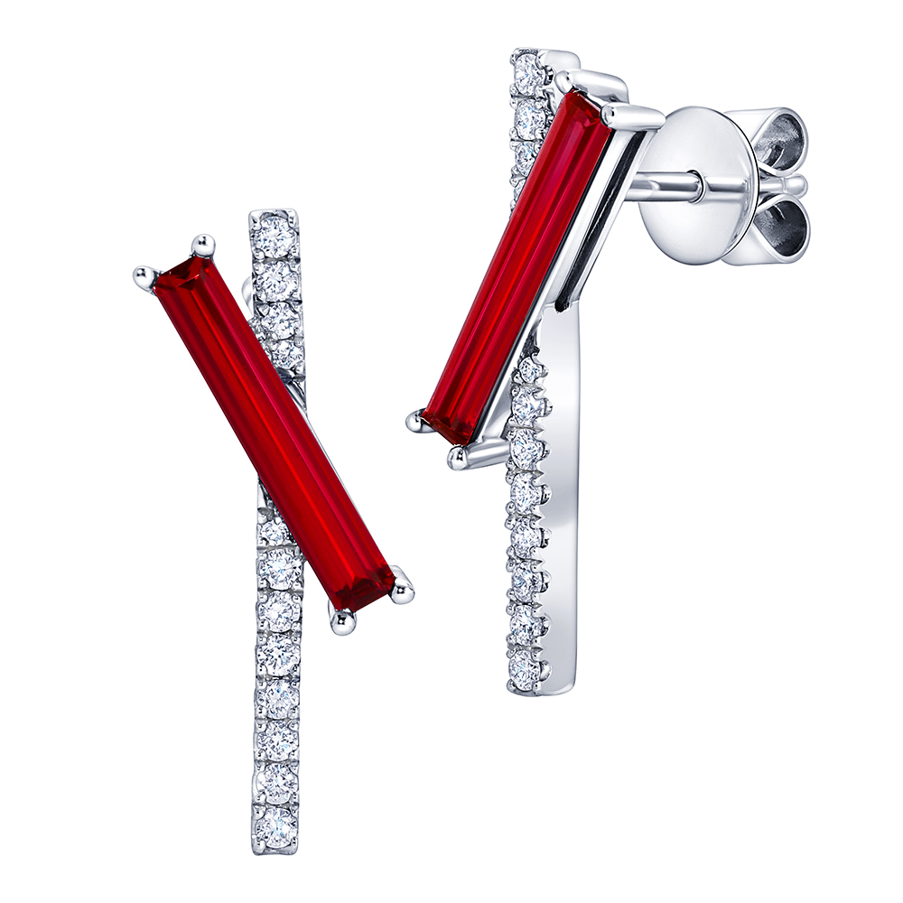 14K white gold earrings featuring elongated baguette Chatham lab grown rubies with lab grown diamond accents