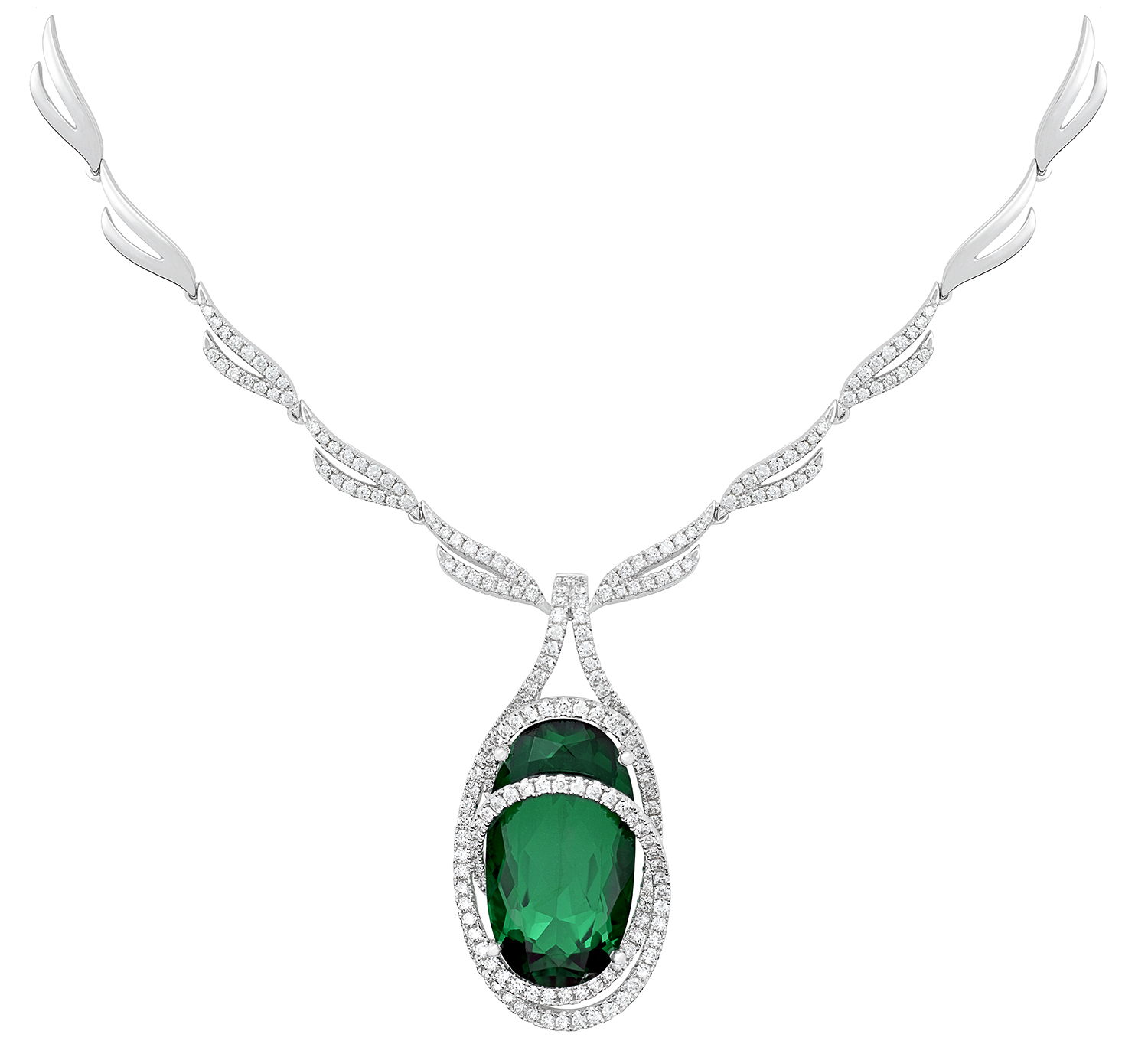 Chatham lab grown emerald necklace featuring an oval lab grown emerald weighing 13.91cts and 2.05cts of lab grown diamond accents all set in 14K white gold