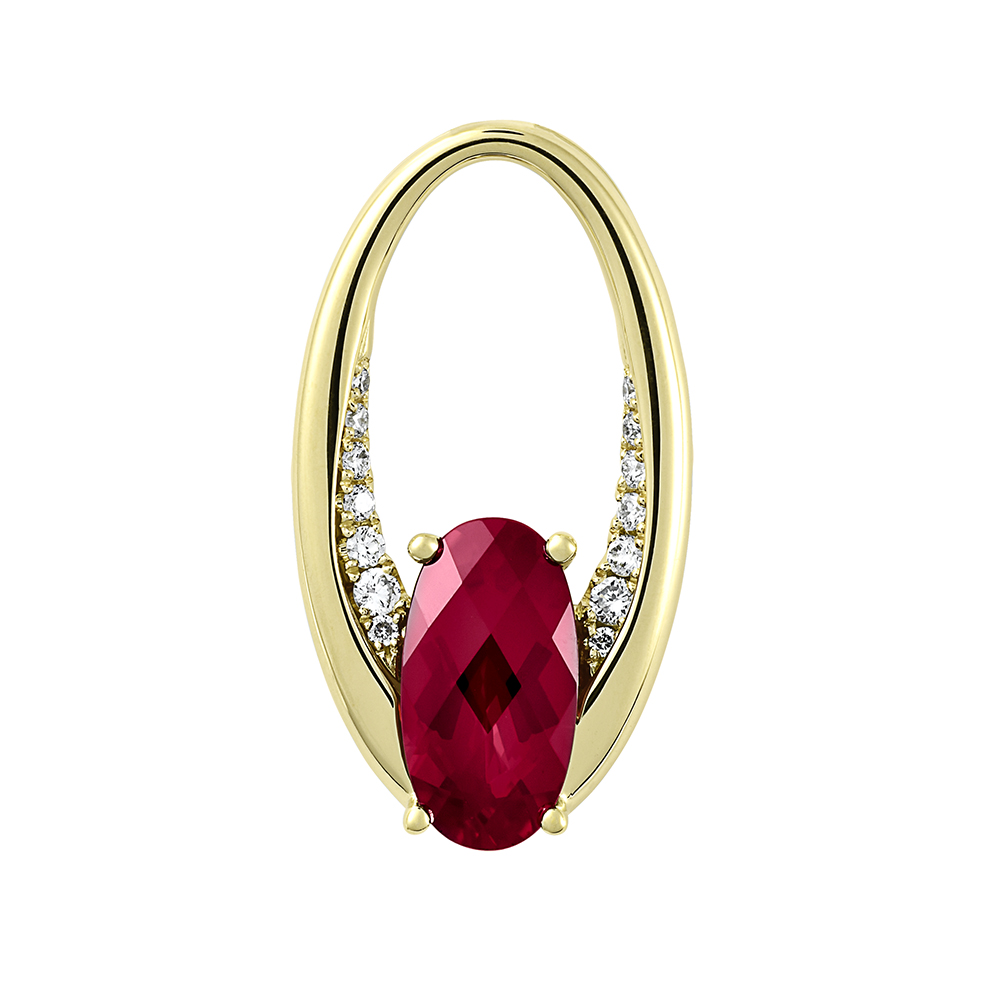 14K yellow gold pendant featuring an oval checkerboard Chatham lab grown ruby and lab grown diamond accents