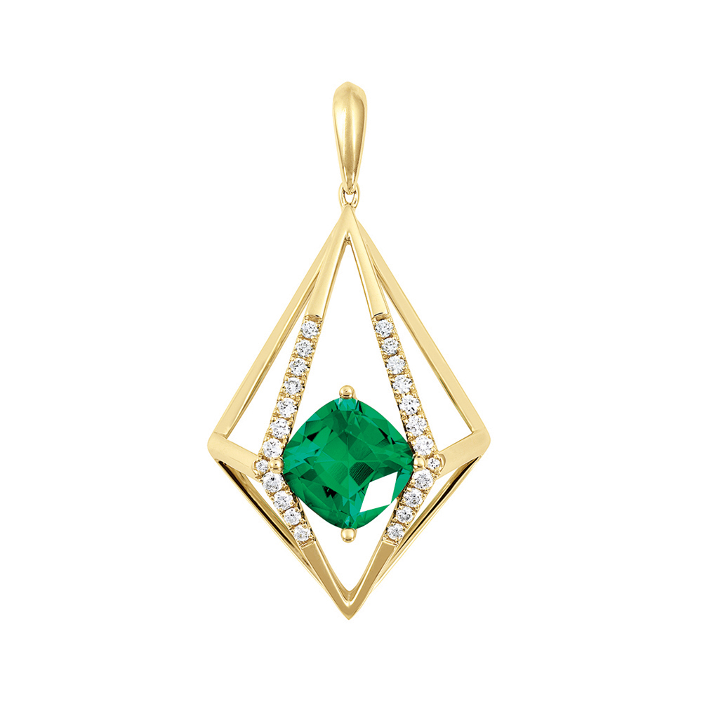 Century Chatham lab grown emerald pendant with lab grown diamond accents set in 14K yellow gold