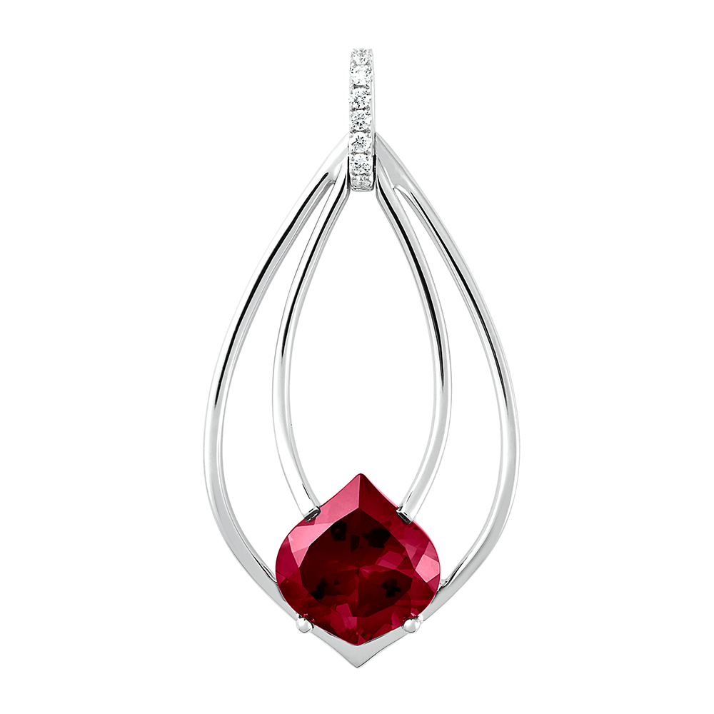 14K white gold pendant featuring an onion cut Chatham lab grown ruby and lab grown diamond accents