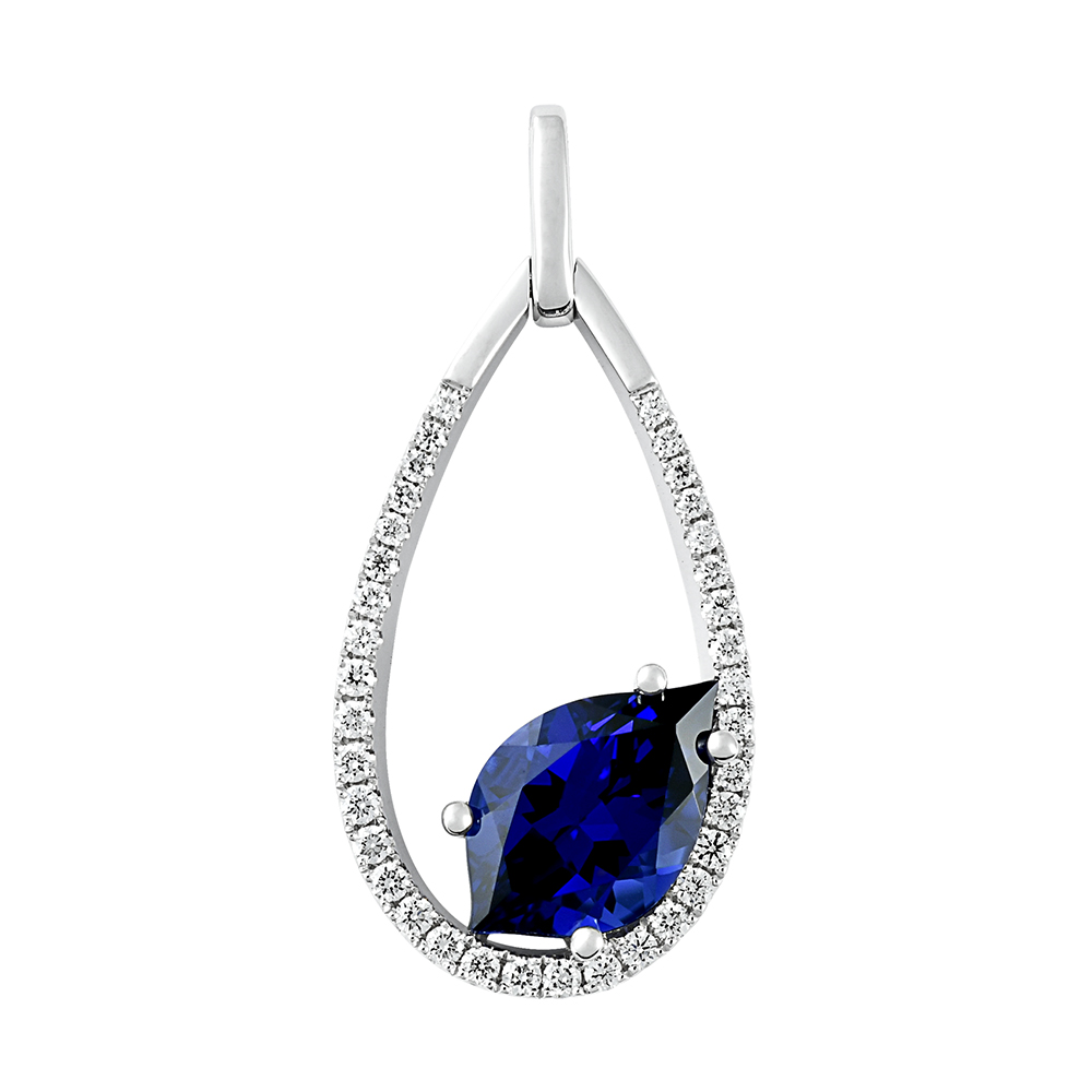 Flame Cut Chatham Lab Grown Blue Sapphire Pendant set in 14K white gold with Lab Grown Diamond Accents