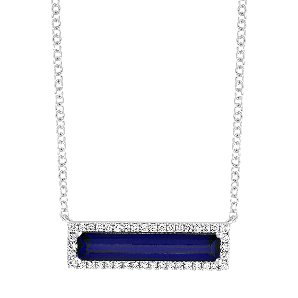 Elongated Baguette Chatham Lab Grown Blue Sapphire Necklace set in 14K White Gold with Lab Grown Diamond Halo Accents