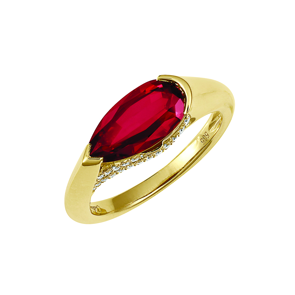 14K yellow gold ring featuring a pear cut Chatham lab grown ruby with lab grown diamond accents