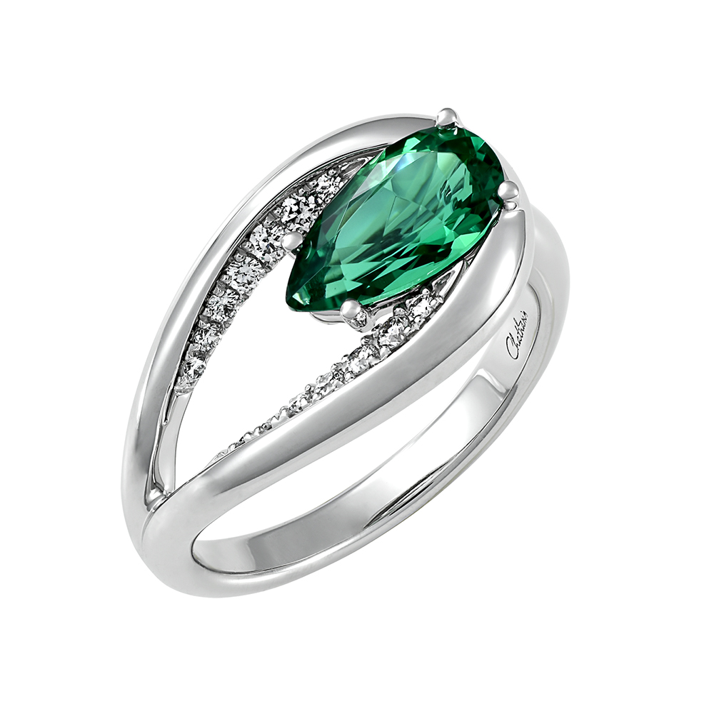 Pear cut Chatham lab grown emerald split shank ring with lab grown diamond accents set in 14K white gold