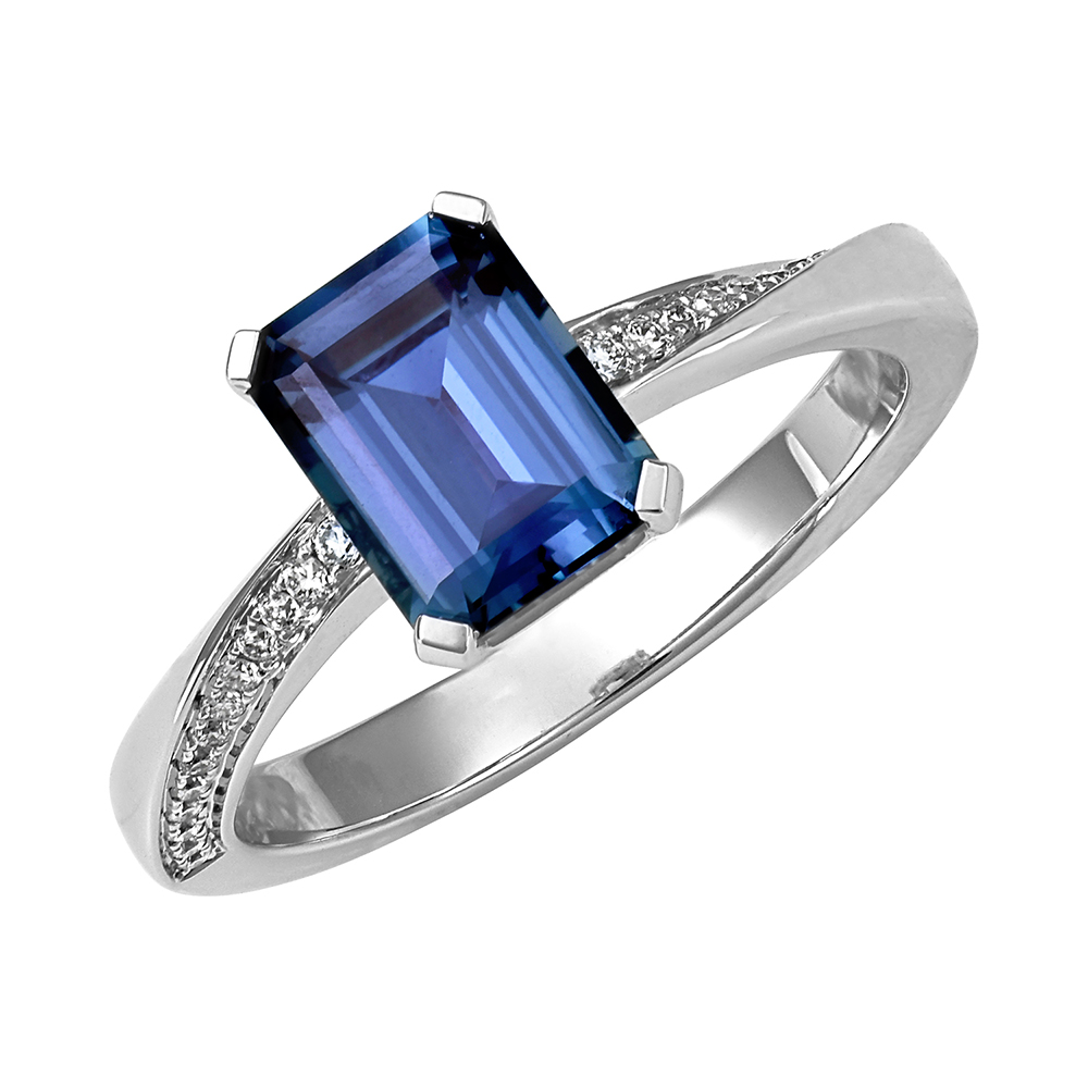 Emerald cut lab grown alexandrite ring set in 14K white gold with lab grown diamond accents