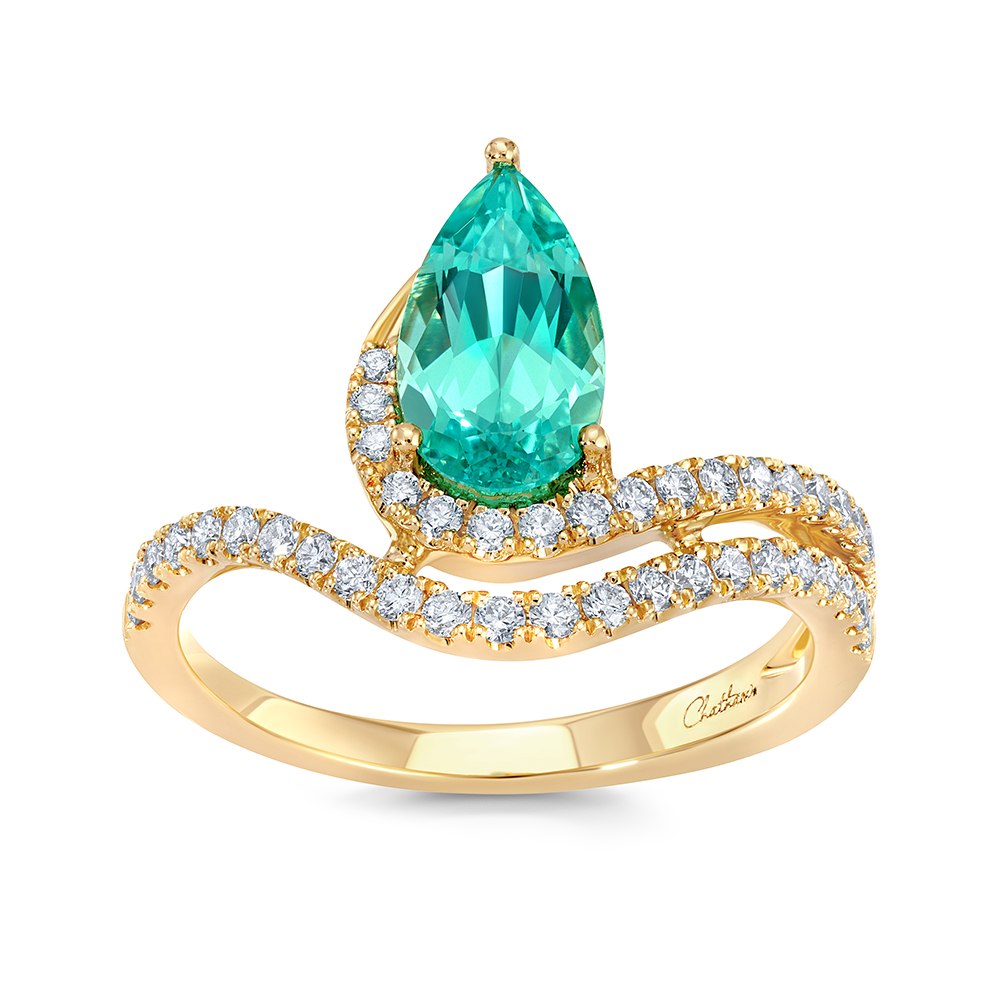 Chatham lab grown pear-cut chrysoberyl ring  set in 14K yellow gold with lab grown diamonds - CR14981YCH