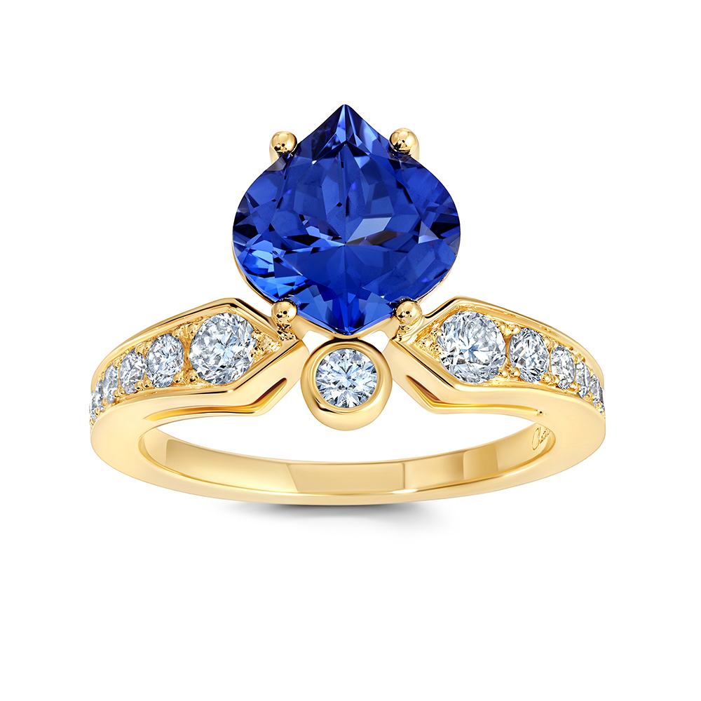 Onion cut Chatham Lab Grown Blue Sapphire Ring with Lab Grown Diamond Accents set in 14K yellow gold