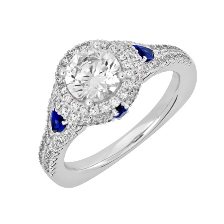 14K white gold engagement ring with  round Chatham lab grown diamond and Chatham lab grown diamond and sapphire accents