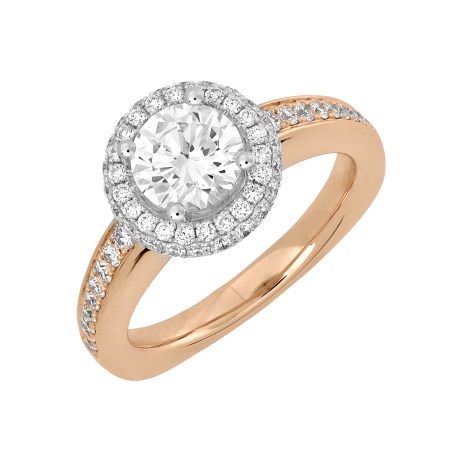 Round Chatham lab grown diamond halo engagement ring set in 14K white gold head with pave diamond set in 14K rose gold shank.