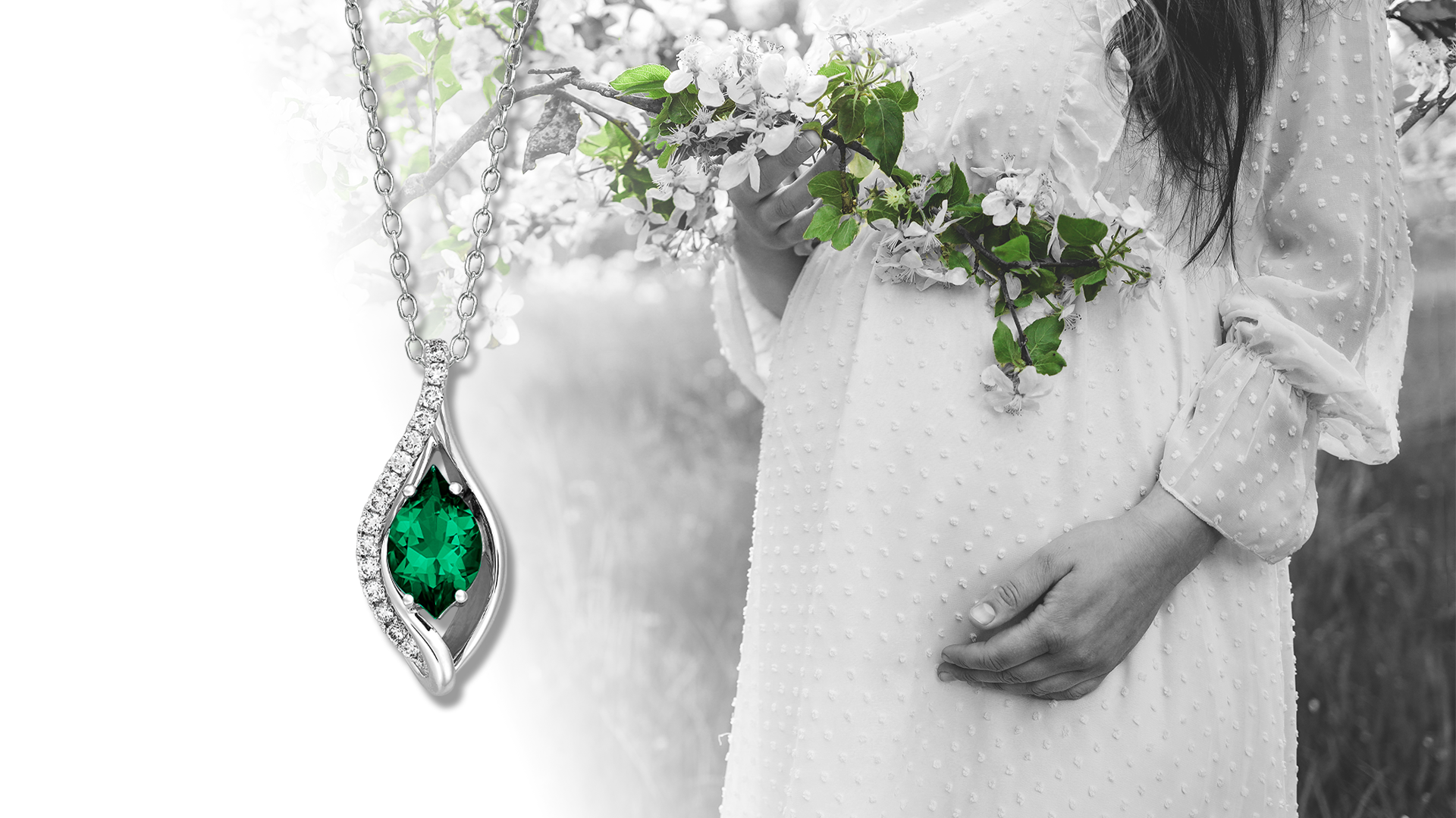 Pregnant woman with Lab-Grown Emerald Pendant (SKU: CP4893WEM) to match green leaves