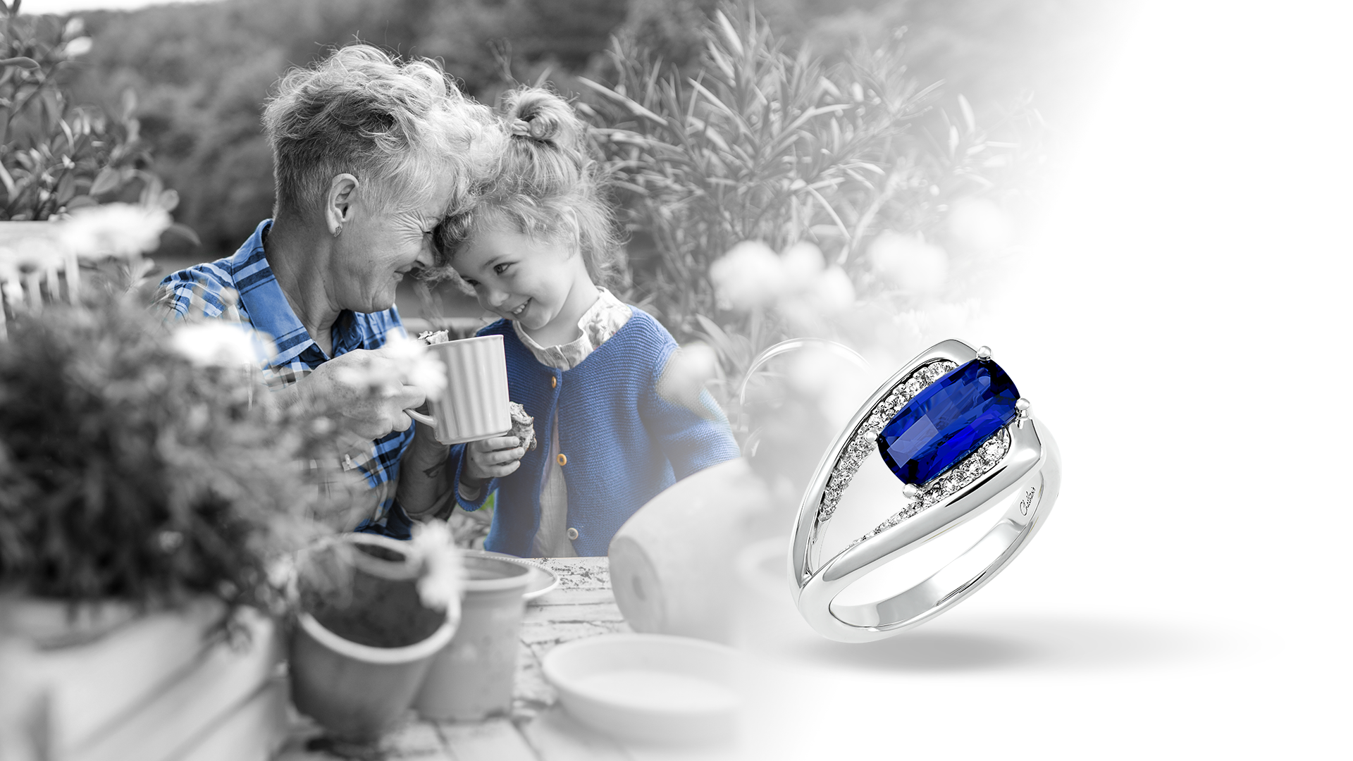 Grandmother and grandchild with Lab Grown Sapphire Ring CR14591WBS