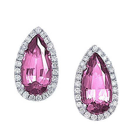 lab grown pink sapphire earrings with lab grown diamond halo set in 14K white gold