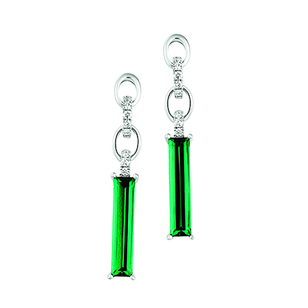 Elongated baguette Chatham lab grown emerald 14K white gold link drop earrings with lab grown diamond accents