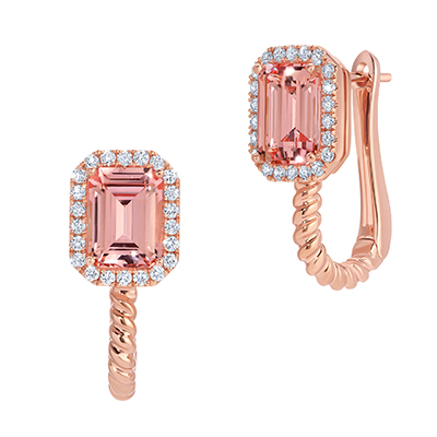 Emerald-cut Chatham lab grown champagne sapphire huggie earrings with lab grown diamond halo.