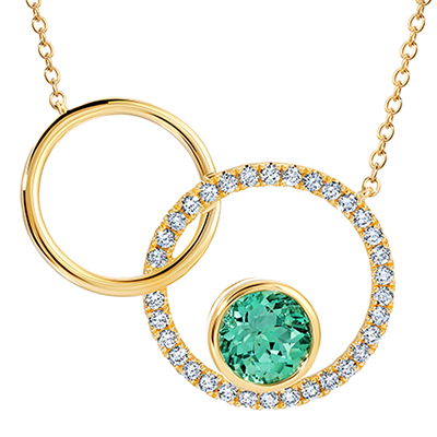 14K yellow gold interlocking circle necklace with bezel-set round lab grown chrysoberyl inside the larger circle set with lab grown diamond accents