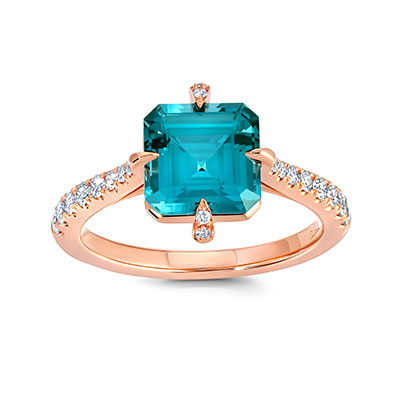 14K rose gold ring featuring square-cut Chatham lab grown Paraiba colored spinel and lab grown diamond pave details on the shank