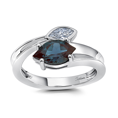 Flame-cut Chatham lab grown alexandrite bypass ring set in 14K white gold with marquis lab grown diamond