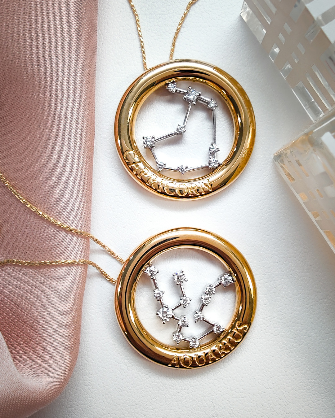 14K two-tone gold Chatham lab grown diamond Zodiac constellation pendants